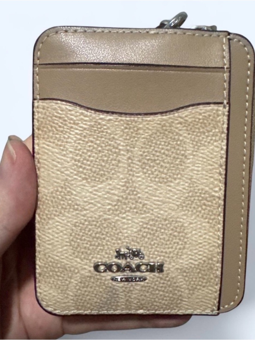 Coach Beige Signature Canvas Card Holder with Zip